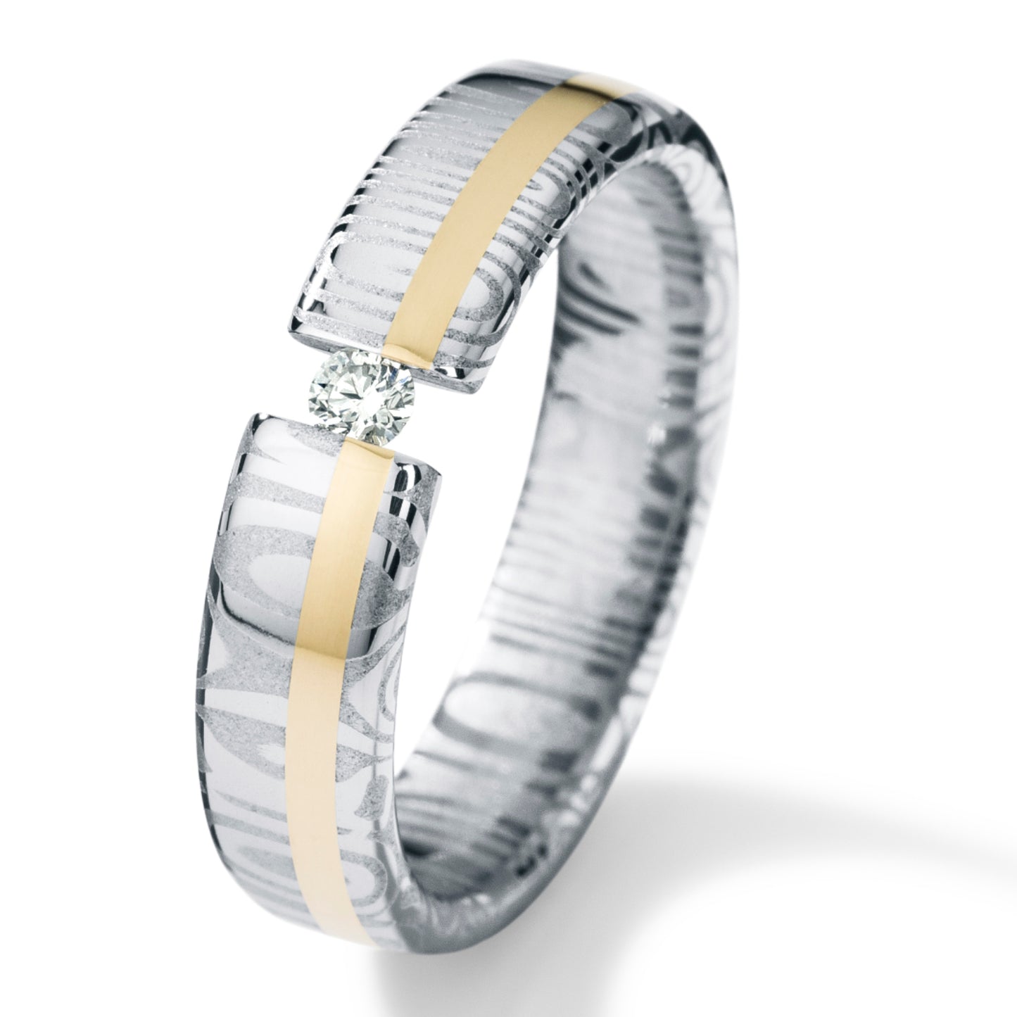 Diamantring mit Brillant 0,01 oder 0,06 ct. TW VS, Damaszener Stahl, 5 mm breit, 18 Karat Gelbgoldeinlage