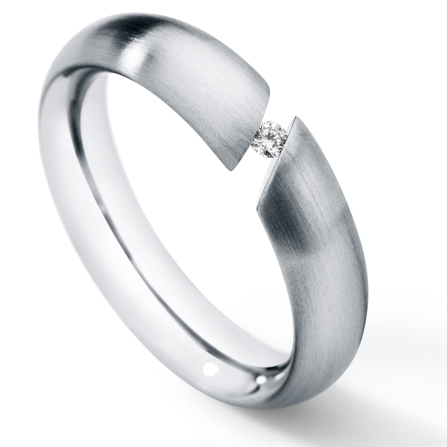 Diamantring mit Brillant 0,03 ct. TW VS, bombiert schräg gefasst, Ringbreite 5 mm, Edelstahl