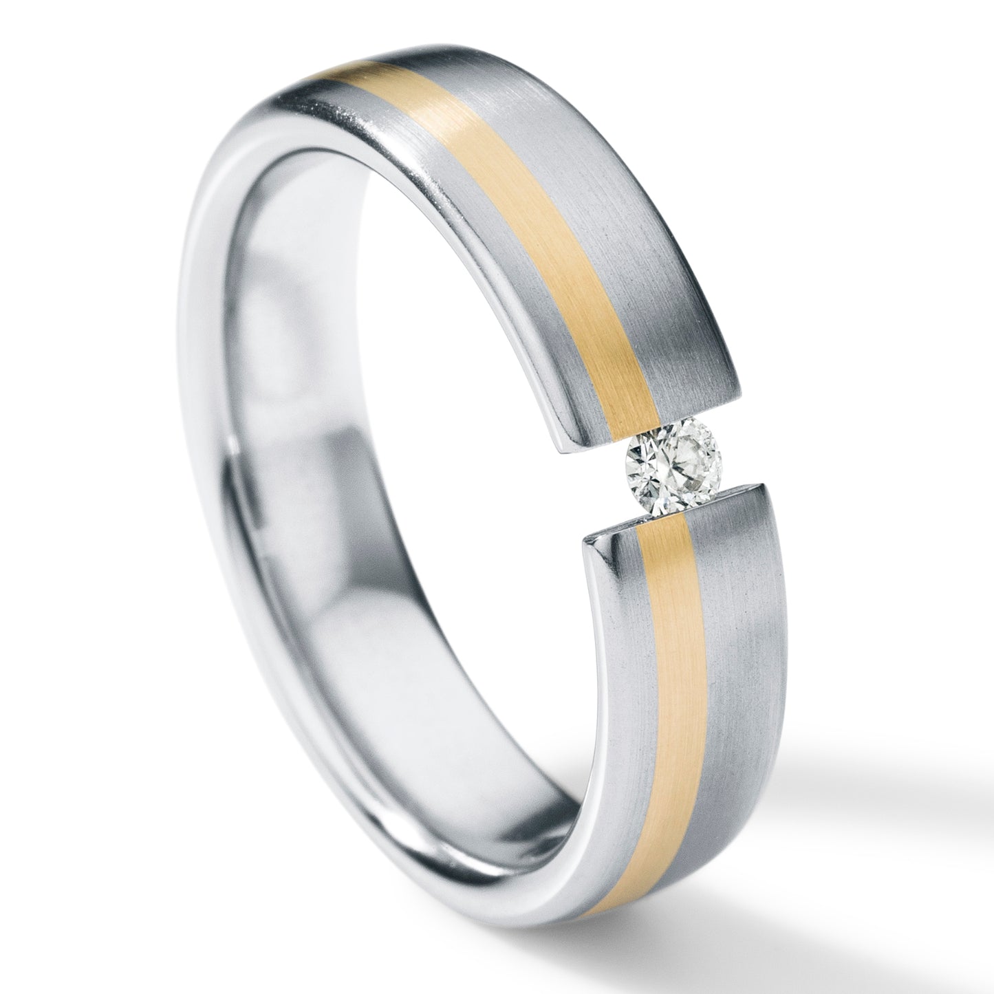 Diamantring mit Brillant 0,01 oder 0,02 oder 0,06 ct. TW VS, Edelstahl, 5 mm breit, 18 Karat Gelbgoldeinlage