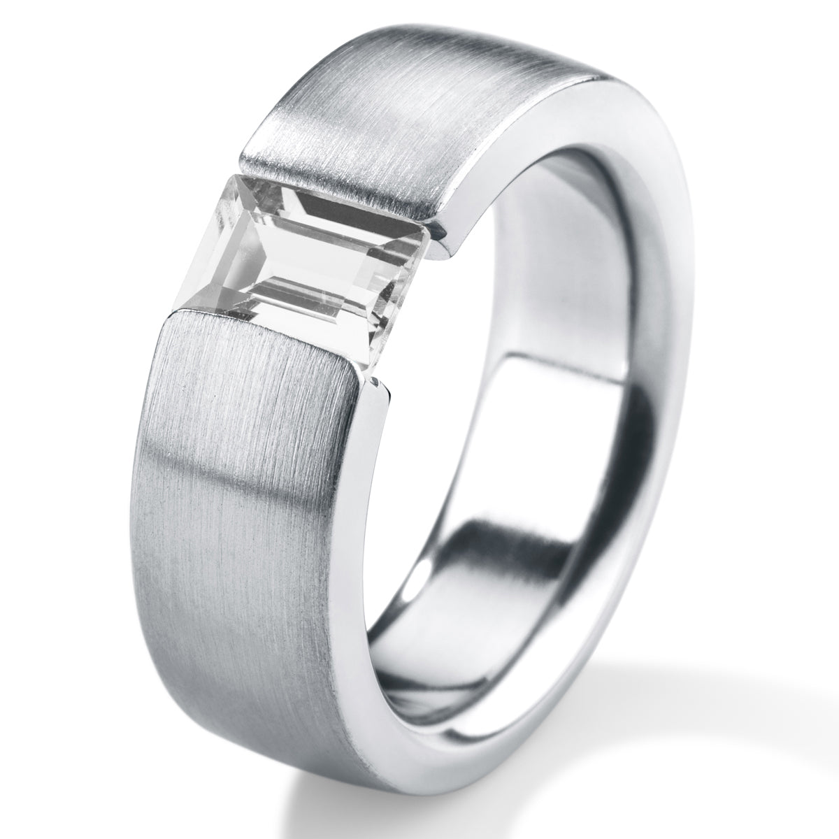 Farbsteinring mit Farbedelstein 7x5 mm, Baguette Schliff, CLASSIC, Ringbreite 7,0 mm, gerade gefasst, Edelstahl