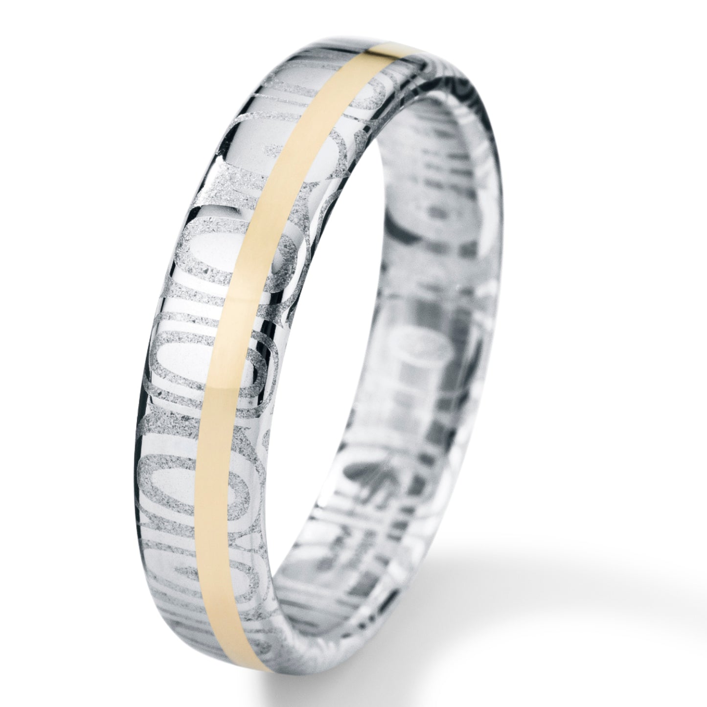 Edelstahl oder Damaszenerstahl Purring, Ringbreite 5 mm, mit 18 Karat Gelbgoldeinlage