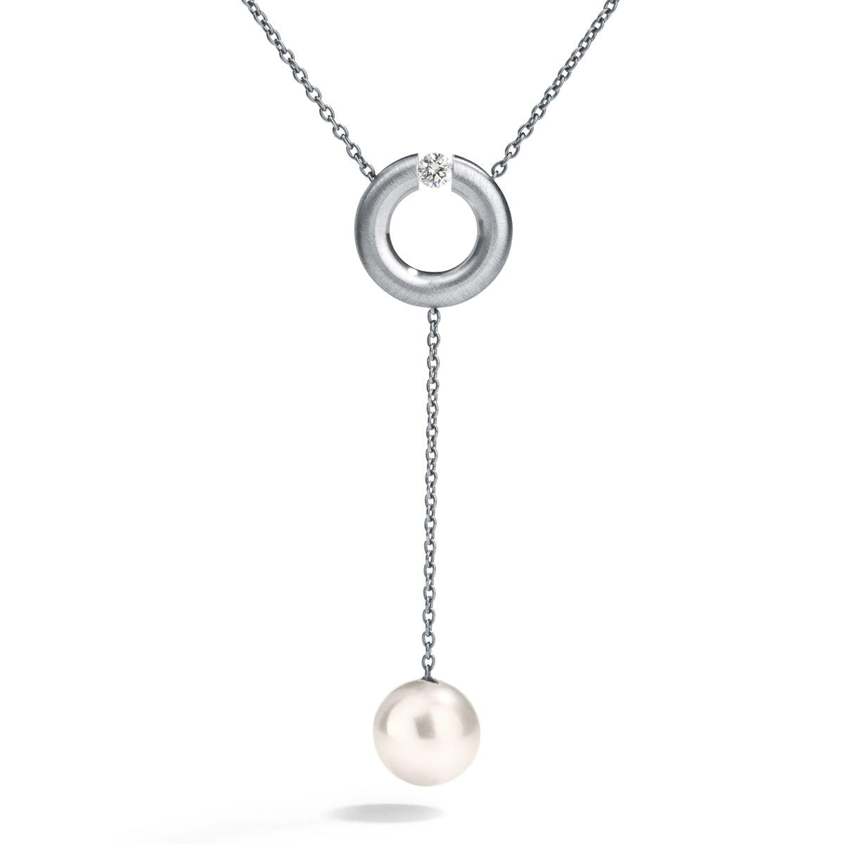 Perlcollier mit Ring R10 und Brillant auf Ankerkette, Edelstahl