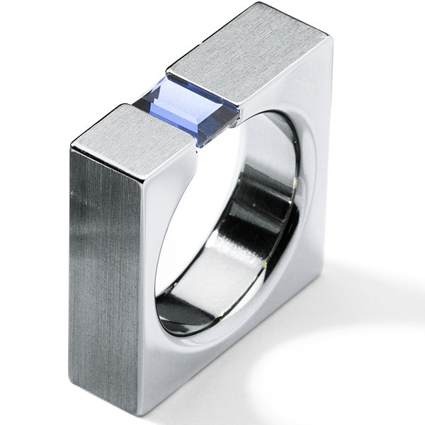 Farbedelsteinring mit 7x5 mm Farbedelstein, Baguette Schliff, CUBUS, Ringbreite 7,0 mm, Edelstahl