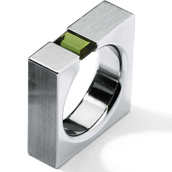 Farbedelsteinring mit 7x5 mm Farbedelstein, Baguette Schliff, CUBUS, Ringbreite 7,0 mm, Edelstahl