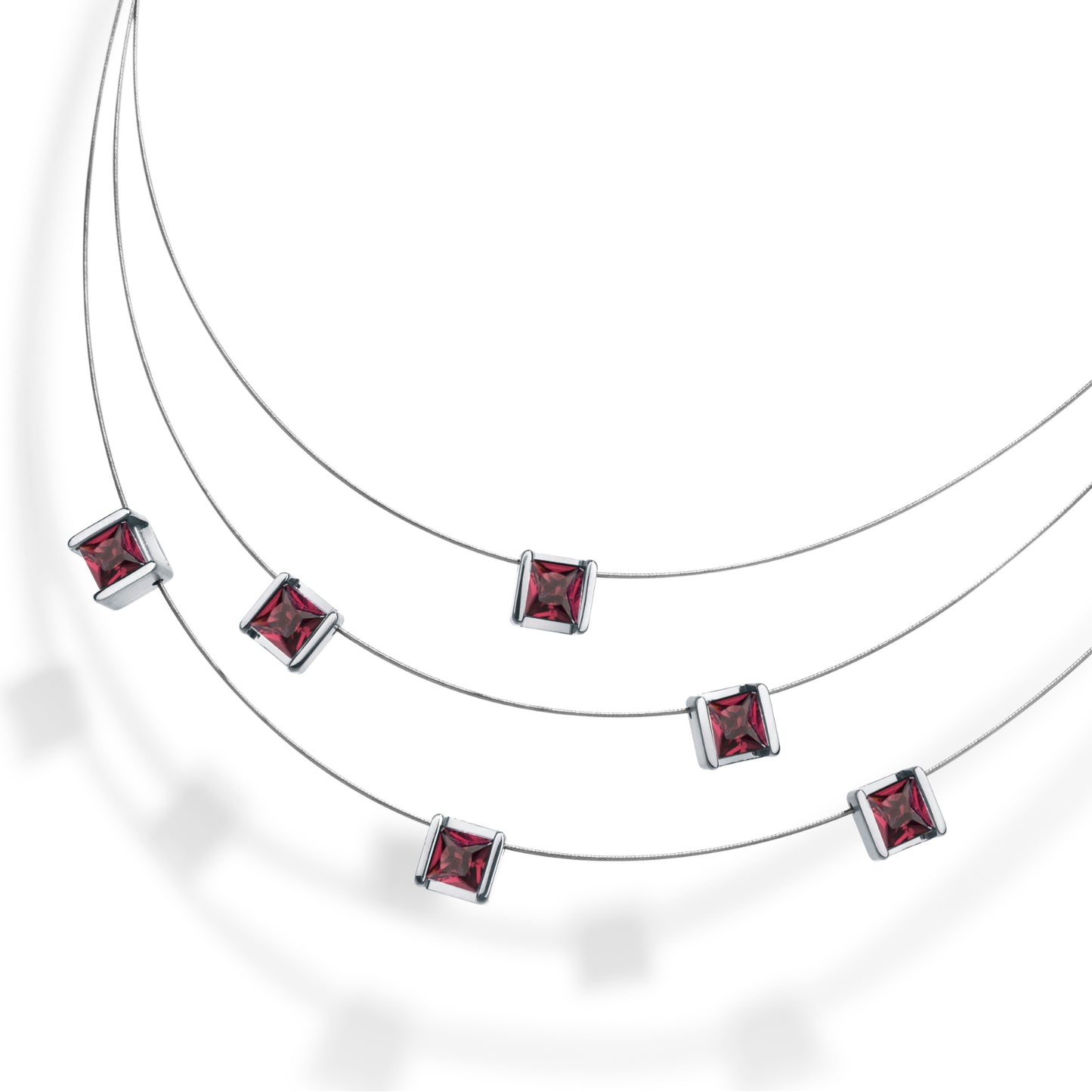 Farbedelsteincollier CUBE 5 im Verlauf mit 6 Farbedelsteinen auf Edelstahlseil, Anhänger Edelstahl