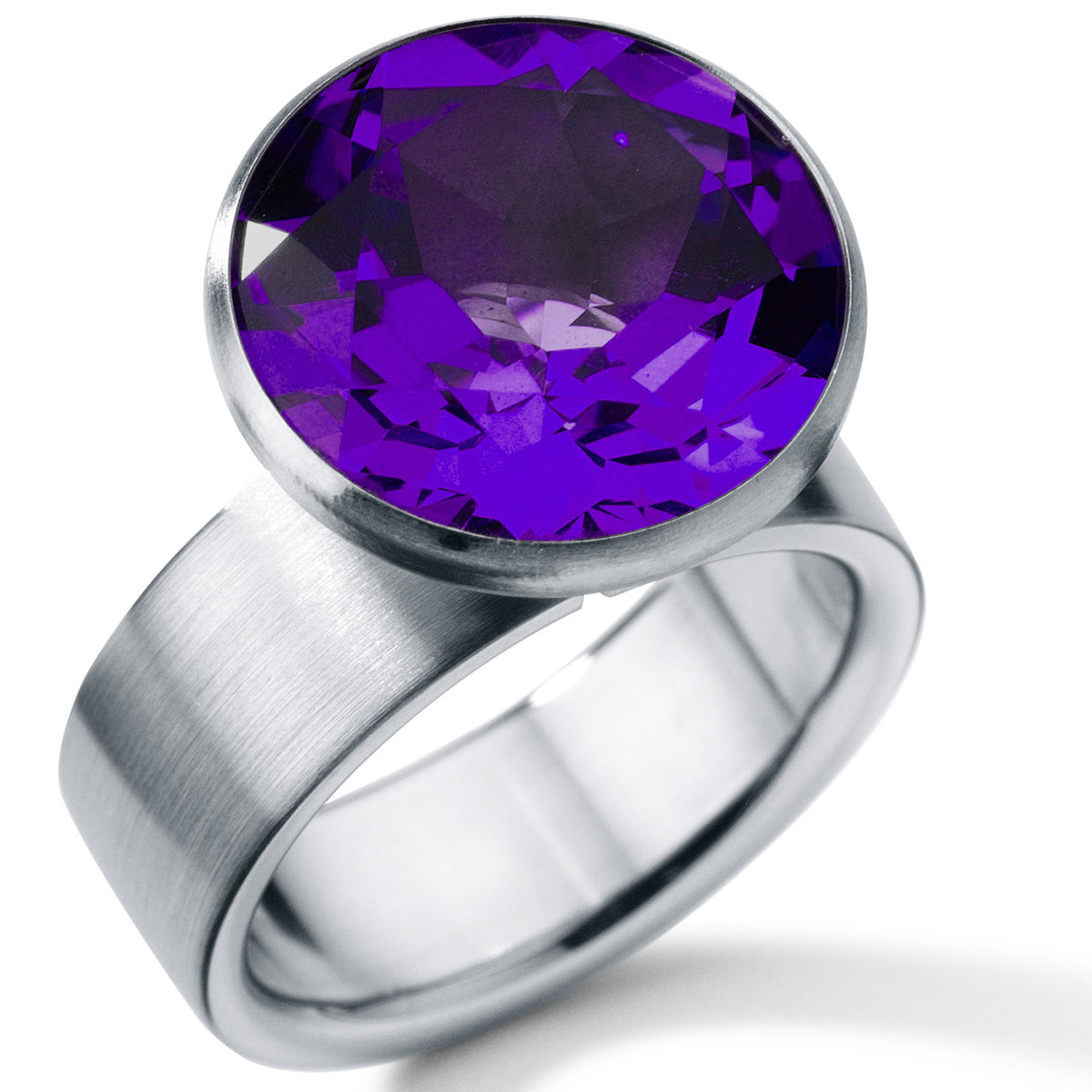 Farbedelsteinring mit 15 mm Farbedelstein, Brillantschliff, GRAL, Ringbreite 7 mm, Edelstahl