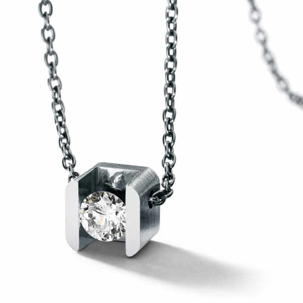Diamantcollier mit Brillanten TW VS in verschiedenen Größen, CUBE, Edelstahl auf Ankerkette